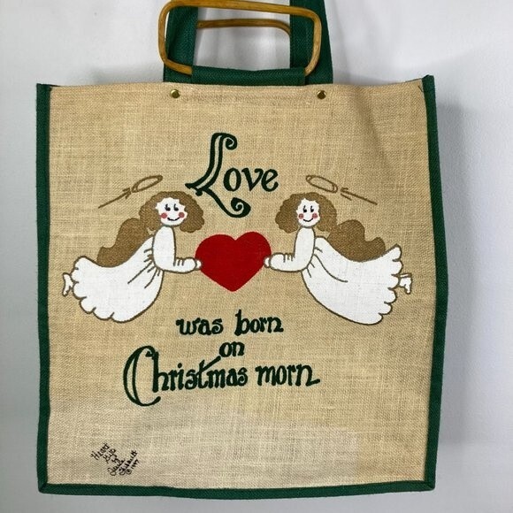 Vintage Handpainted Burlap Bag Christmas Angels Artist Signed Teresa Thibault - Picture 2 of 14
